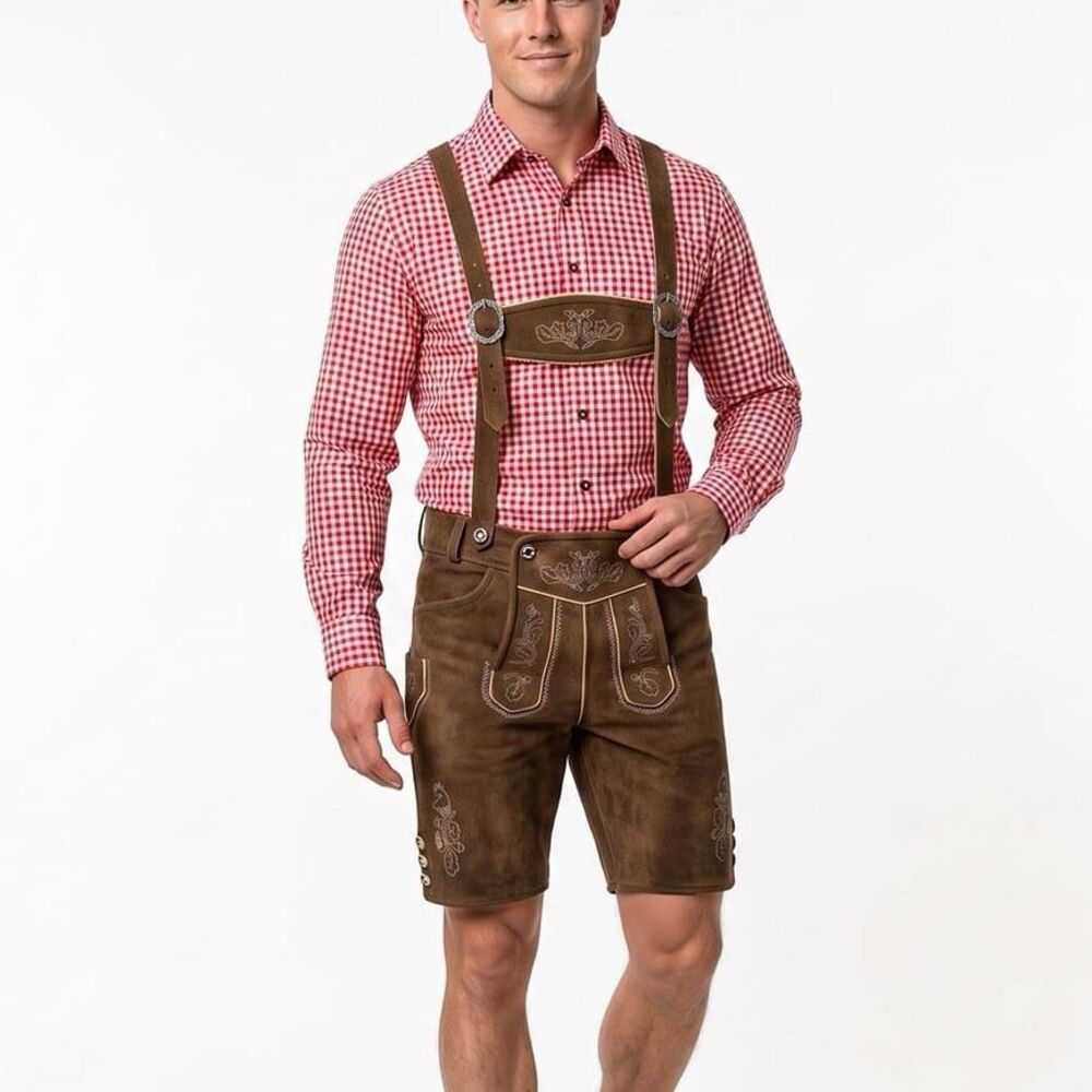 Authentic German Lederhosen Men’s 34 Brown Suede Bavarian Oktoberfest Outfit EUC